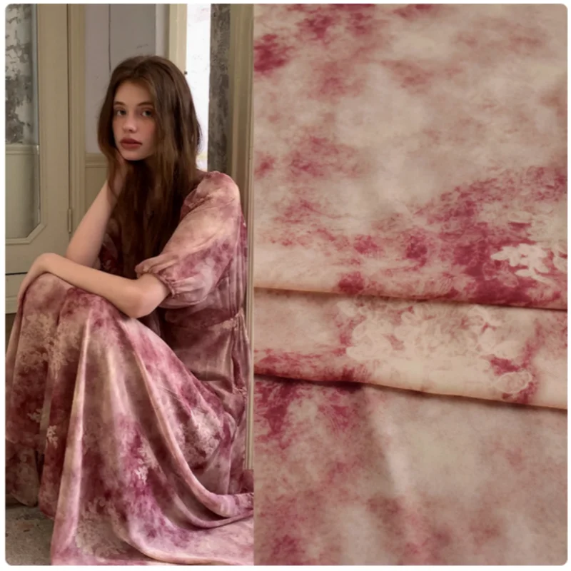 Retro Bean Red Smudge Big Flower Print Chiffon Fabric, Summer Cheongsam, Dress, Shirt Sewing Tissue, Not Transparent T2372