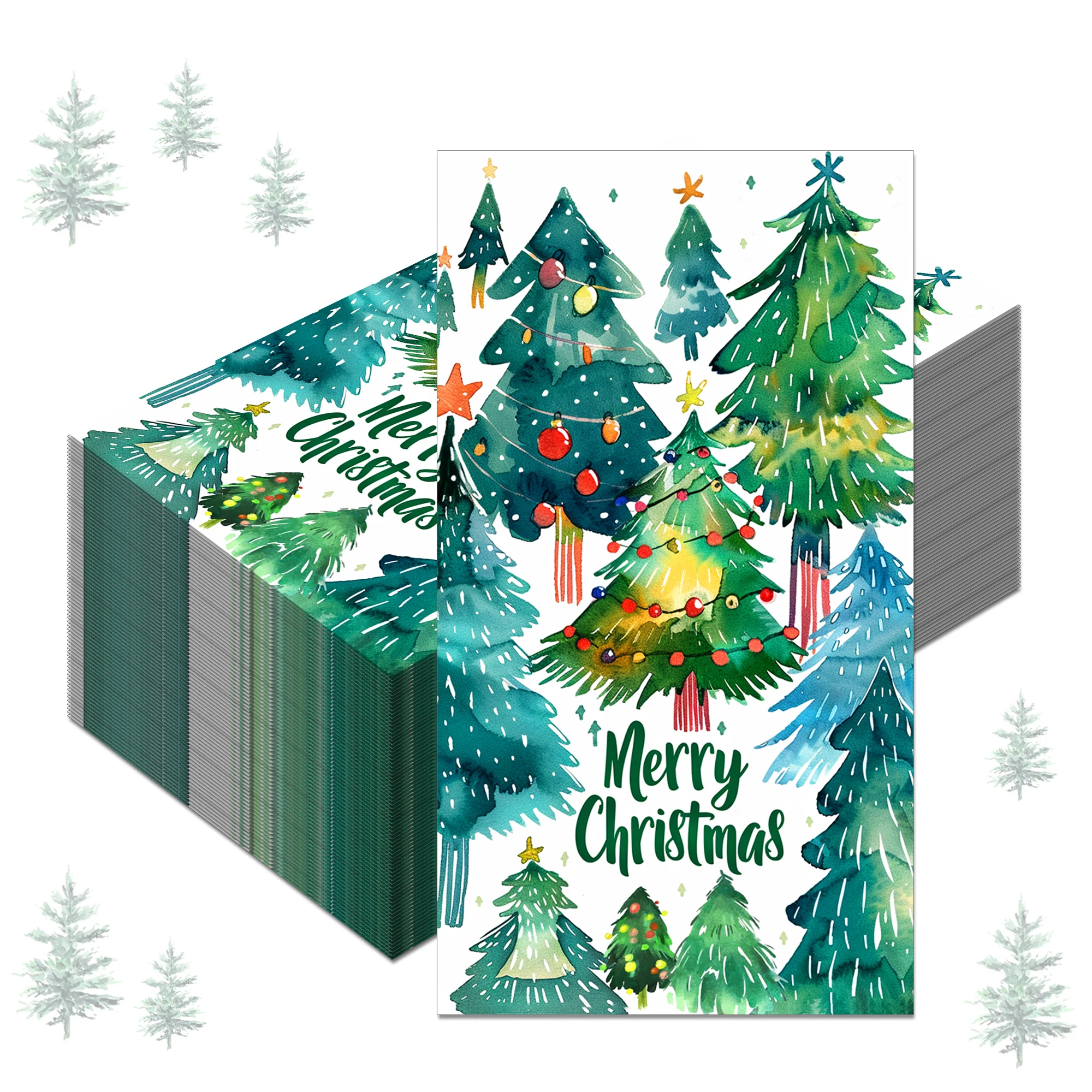 Watercolor Disposable Paper Napkins 60/100 Pcs Double-Sided Christmas Theme with Trees Lights Baubles Merry Christmas Design for