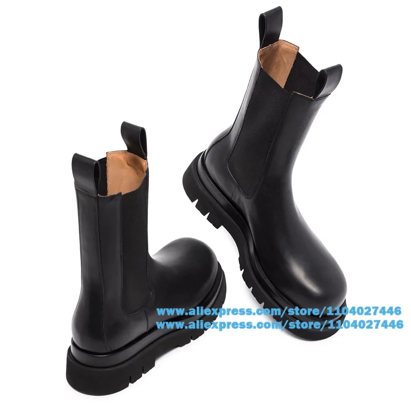 

Thick Soled Chelsea Boots Men's Round Toe High-Top Genuine Leather British Style Winter Men's Boots Black Leather Booties