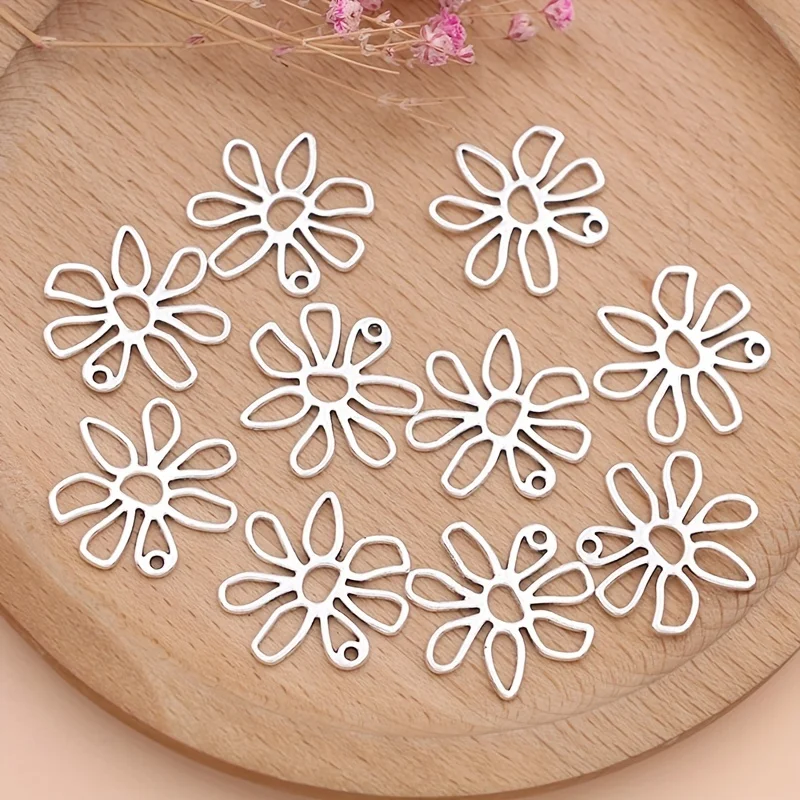 10pcs Hollow Out Flower Charms Alloy Antique Silver Plated Pendants For DIY Necklace Bracelet Earring Accessories Jewelry Making
