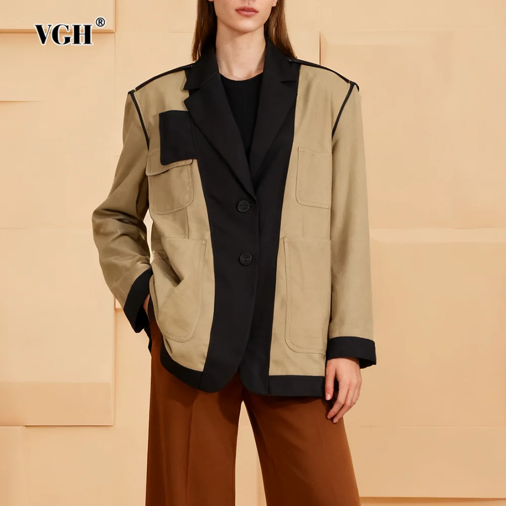 

VGH Colorblock Spliced Multi Pockets Jacket for Women Lapel Long Sleeve Pathwork Single Breasted Fashionable Blazer Female Style