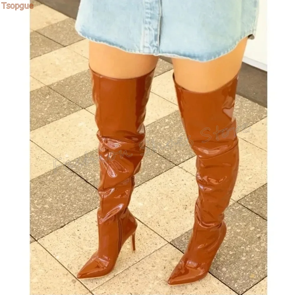 

Brown Side Zipper Pointed Toe Boots Patent leather Thin High Heels High Heel Shoes for Women Heels 2025 New Zapatos Para Mujere