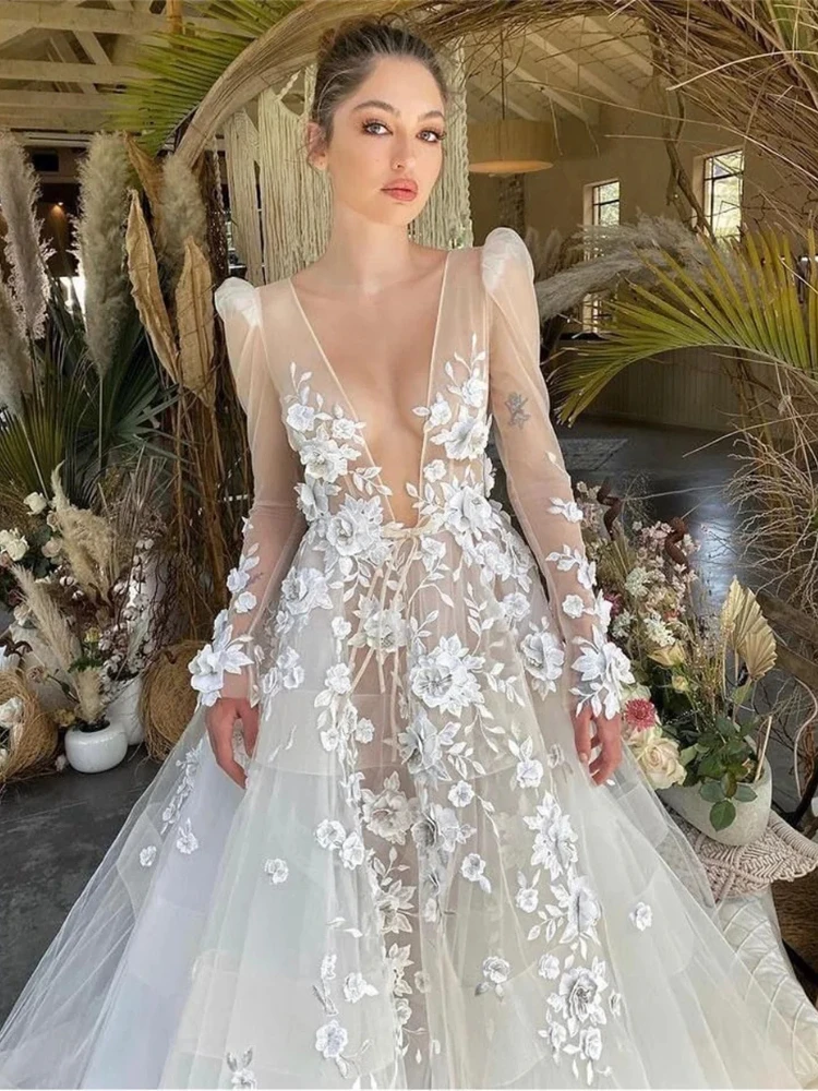 Beach 3D Floral Lace Wedding Dresses Deep V Neck Long Sleeve A-line Tulle Floor Length Bridal Gown Customizable vestido de novia