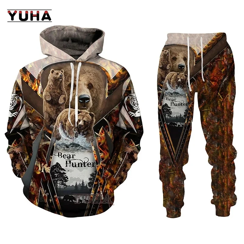 Sudadera con capucha para hombre, suéter con estampado 3D de oso, trajes de cazador, chándal de moda, pantalones de chándal geniales, ropa de