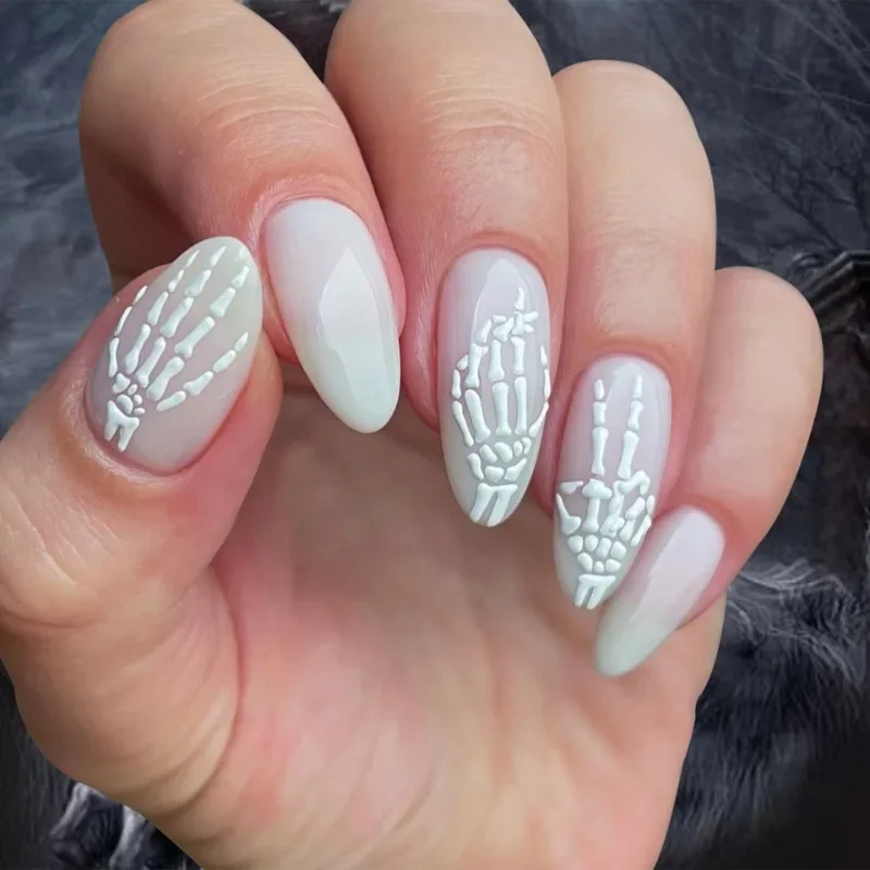 

New Style Fashion Short Almond Fake Nails Halloween Bone Manicure White Solid Color Wearable Nail Art Finished Product Removable