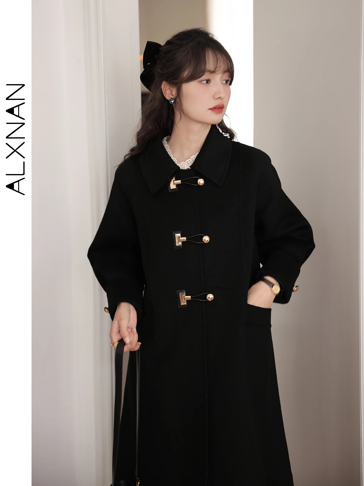 ALXNAN mantel wol tebal temperamen wanita, mantel wol pinggang tinggi longgar Polo kerah Drop Cuff 2024 musim gugur musim dingin LXN27870