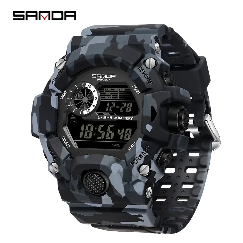 SANDA 2183 Electronic Watch Fashion Military Camo Waterproof Outdoors Sports Digital Display Silicone Strap Wristwatchs for Men