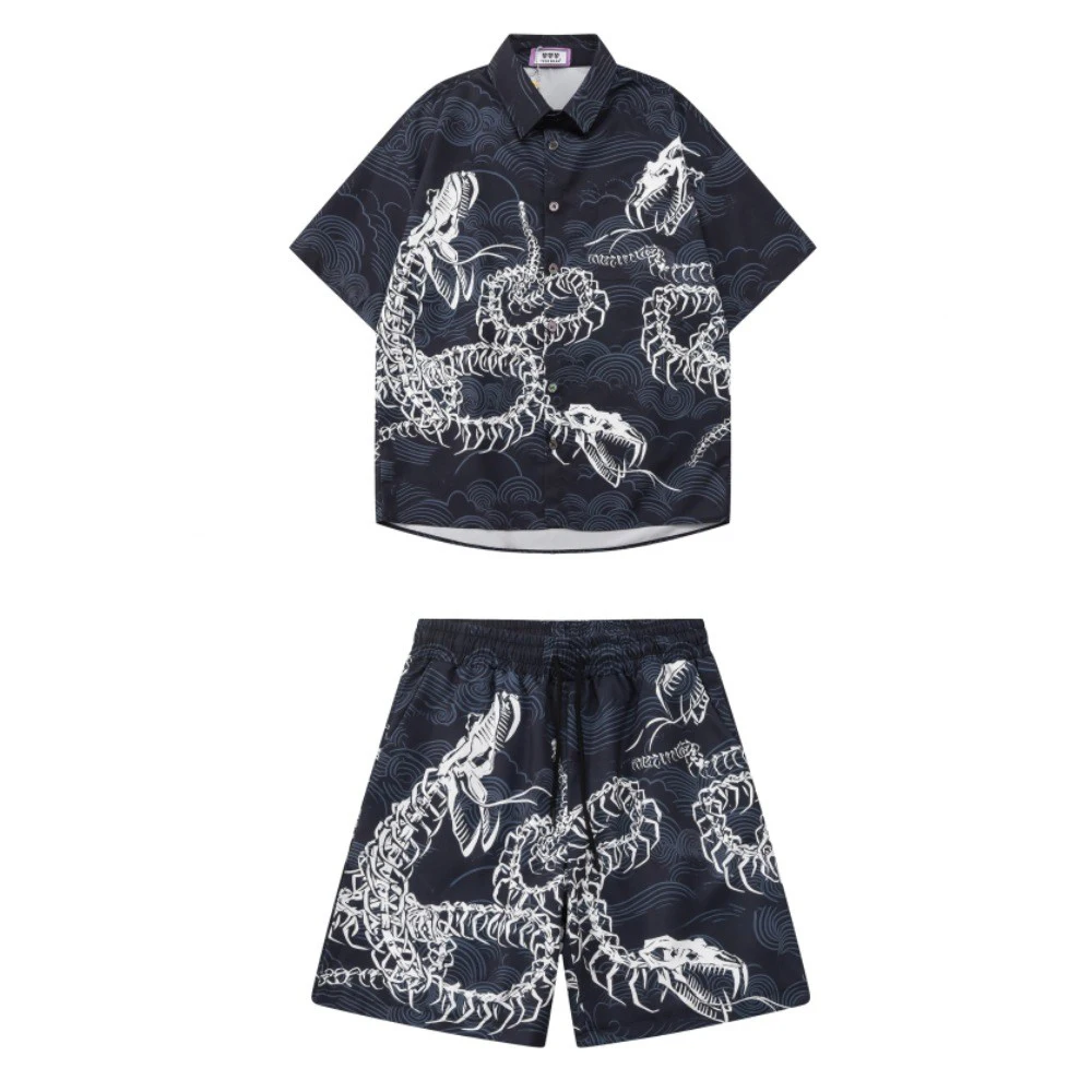 Mens Casual Snake Bone Print Two-Piece Sets Spring Streetwear Short-Sleeved Shirt Shorts Sets Old Money Men'S Clothing 2025 New