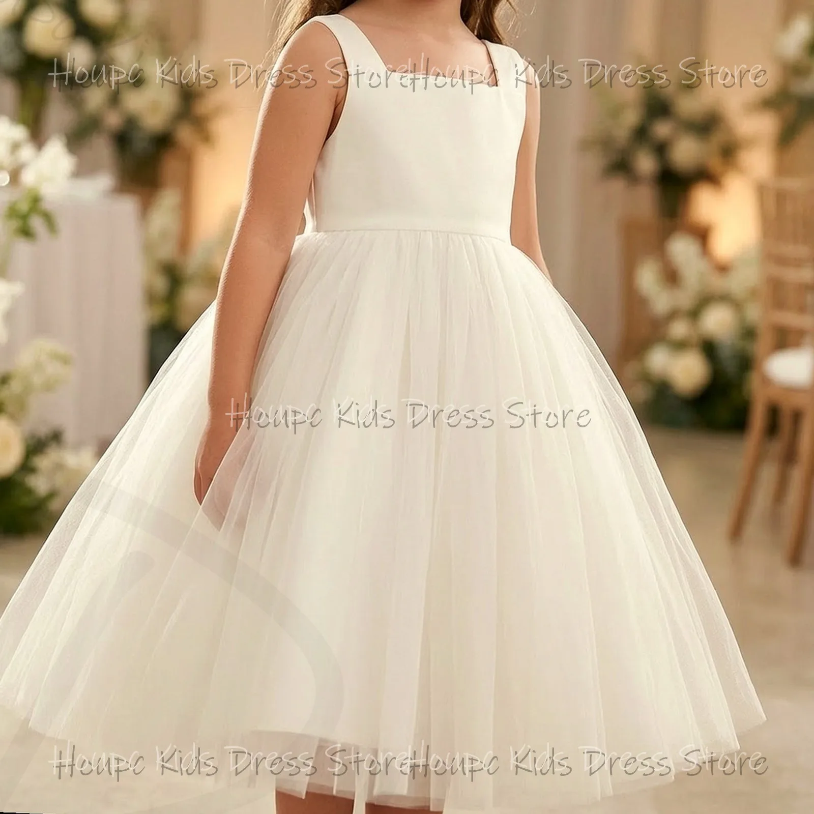 Wedding Custom Flower Girl Dresses Sweetheart Neckline Tulle Knee-Length Ivory Wedding Birthday Party Evening Party Prom Dresses