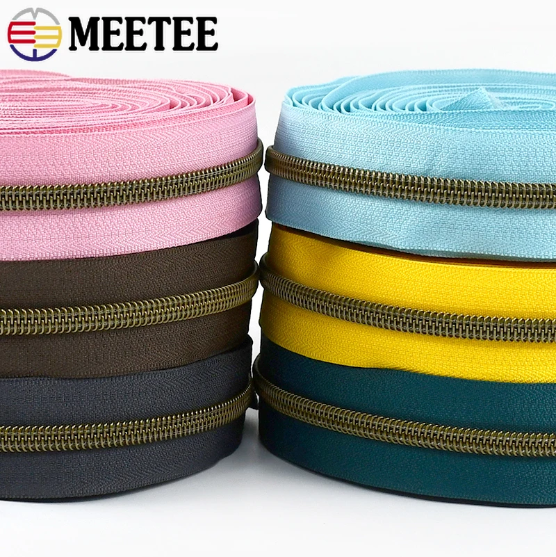 1/2/3/5M Meetee 5# Nylon Zipper Colorful Tape Bronze Teeth Open-End Zips Tailor for Bags Clothes Repair Kit DIY Sewing Accessory