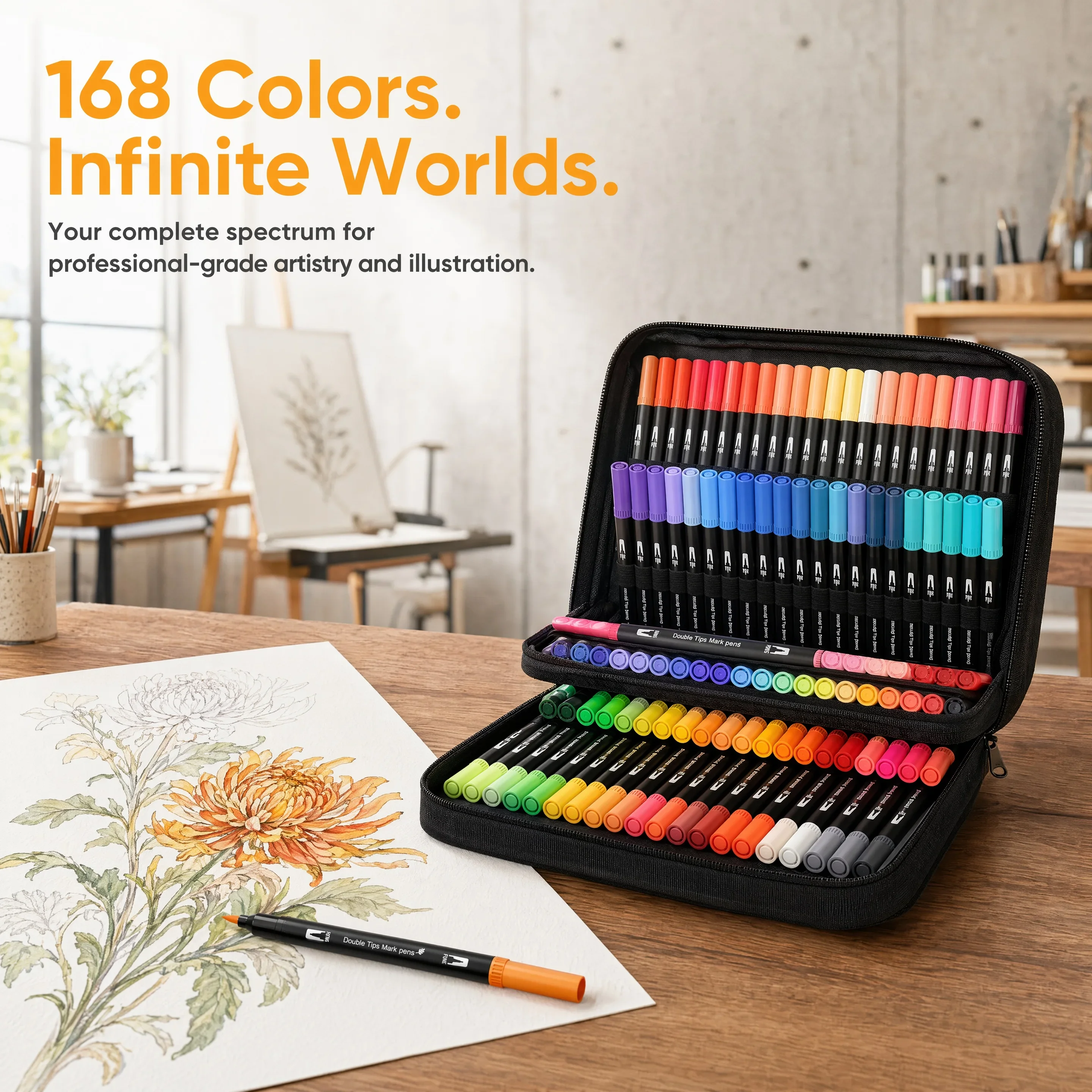 168 Colors Dual Tip Brush Pens Art Markers for Adult Coloring Books, Artist Drawing Sketch Markers Set with Fine & Brush Tip