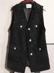 Sequins V-neck Tops Women Vests Coat Black Temperament Waistcoat 2024 Ropa Mujer Chic Tassel Sleeveless Tweed Tanks 7p069