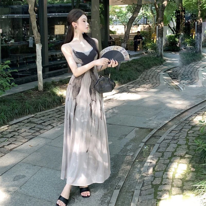 Ink Printed Camis Dress Sexy Backless Elegant Slim Butterfly Dress Mesh Lightweight Breathable See Through Party Vestidos