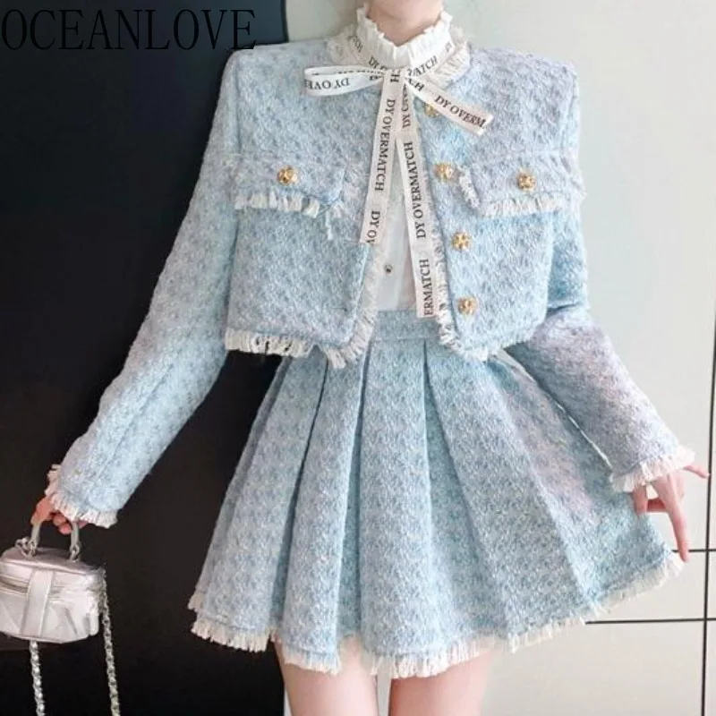 OCEANLOVE Autumn Winter Skirts Sets Korean Fashion Plaid Vintage 2 Pieces Set Women Outfits Sweet Conjuntos Feminino Elegante