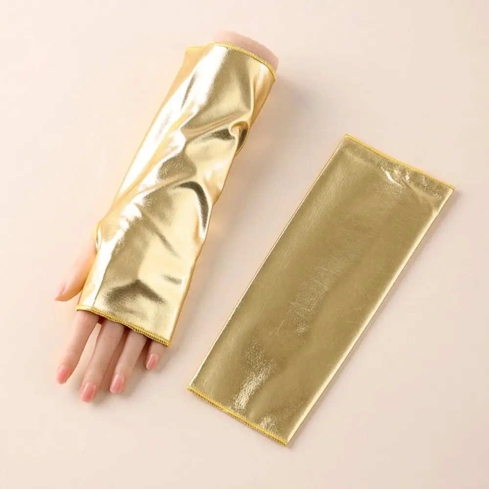 1 Pair Glossy Finish Fingerless Gloves Punk Style Thin Black Leather Gloves Imitation Leather Girl's Sleeve Set