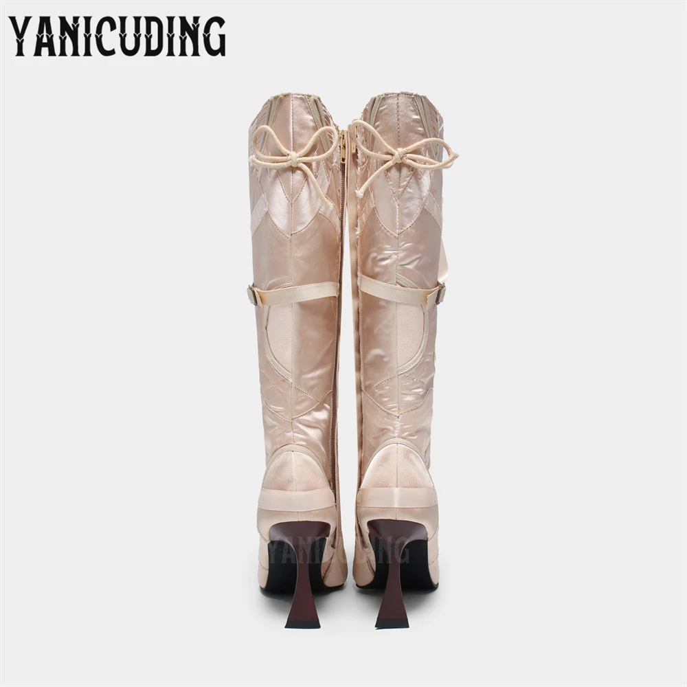 Nude and Pink Satin Knee-High Boots Wood Heel Eyelet Ribbon Decorative Strappy Boots Sweet Fashion Style Handmade Women\'s Boots