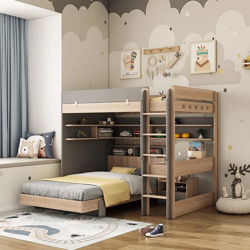 Double layered high and low bed with staggered layout integrated children's bed, simple and multifunctional combination