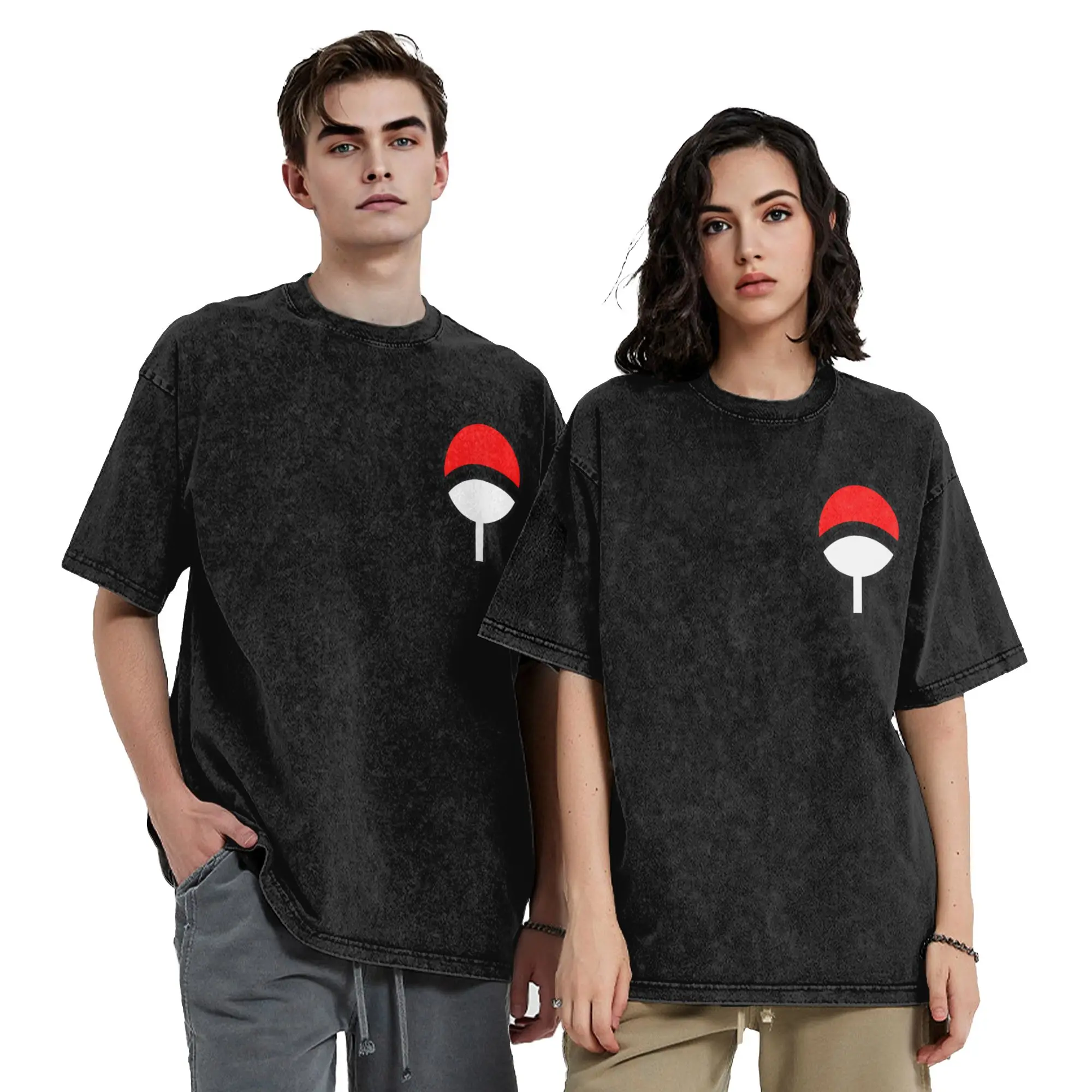 Narutoes Lambang Uchiha Japanese Manga Ninja T Shirt Hip Hop Washed 100% Cotton T-Shirt Tops Streetwear Summer Tees