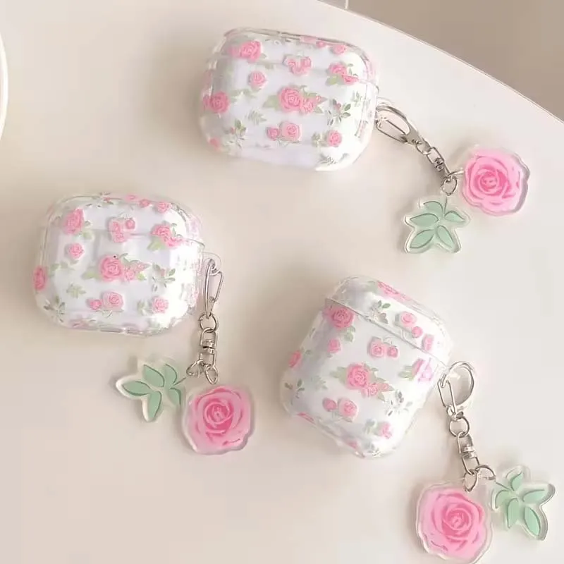 Transparent floral pattern suitable for AirPods 4 Bluetooth wireless headphone case 1/2/3 generation Pro2 cute cartoon girl