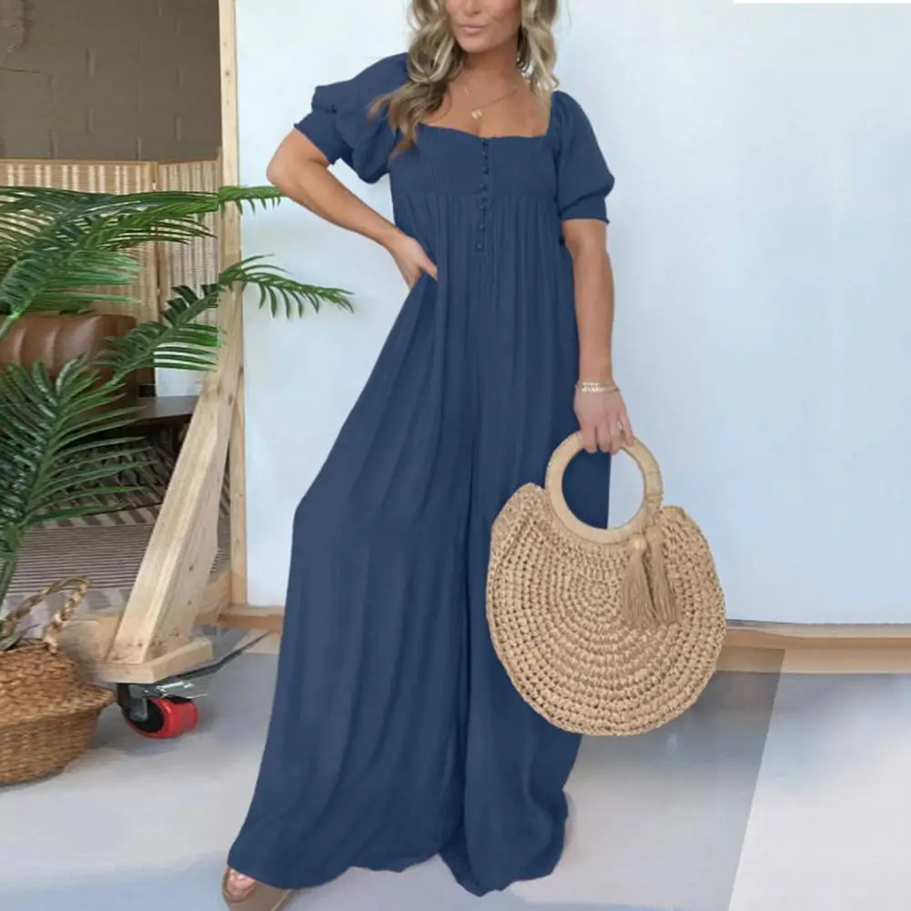 Crotch Jumpsuit Elegant Square Neck Wide Leg Jumpsuit for Women Shirring Lantern Sleeves High Waist Solid Color Pleated Loose