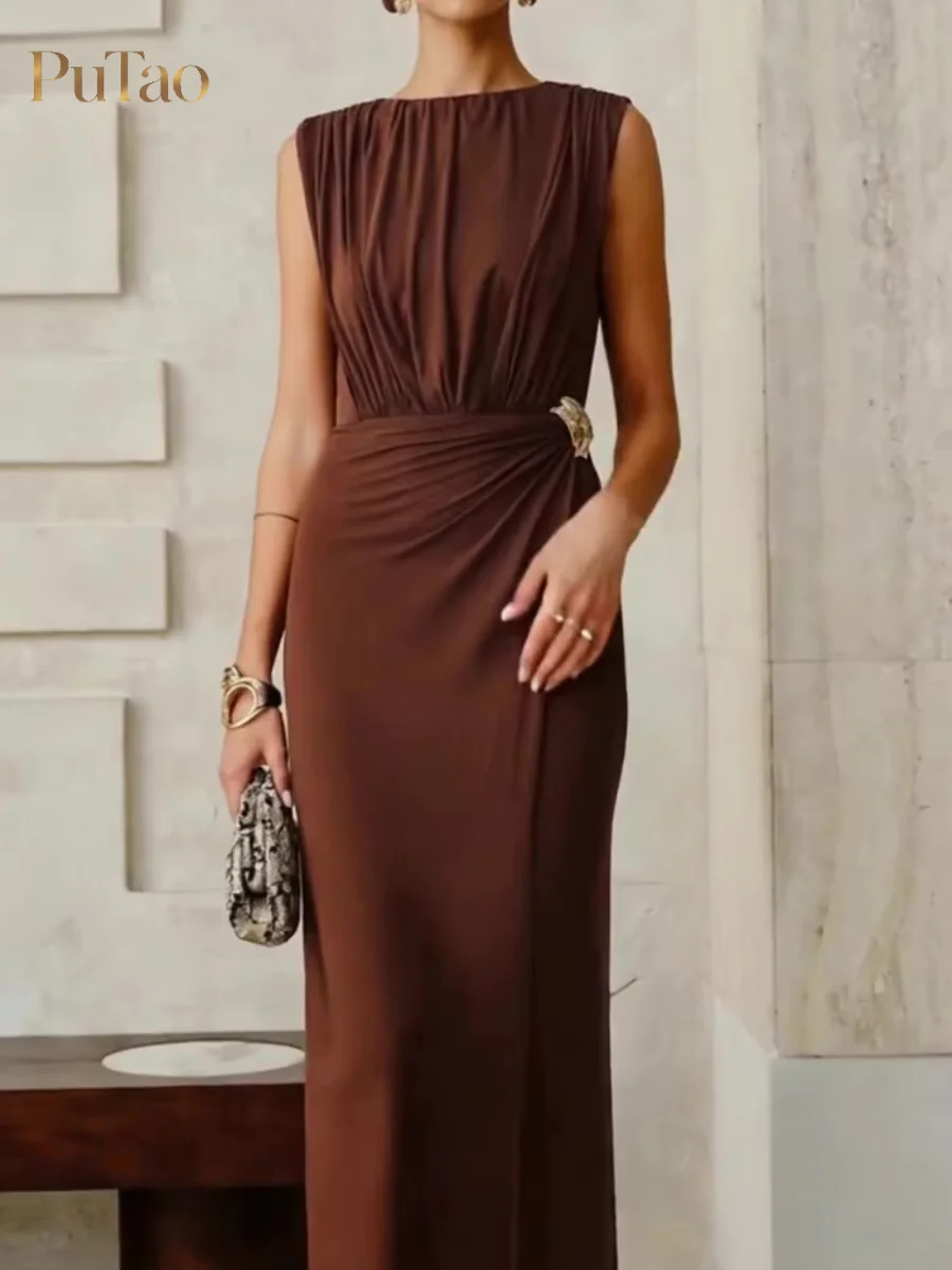 Putao Brown Sleeveless Maxi Dress High Neck Ruched Bodice Wrap Waist With Gold Buckle Decor Side Slit Formal Wedding Guest