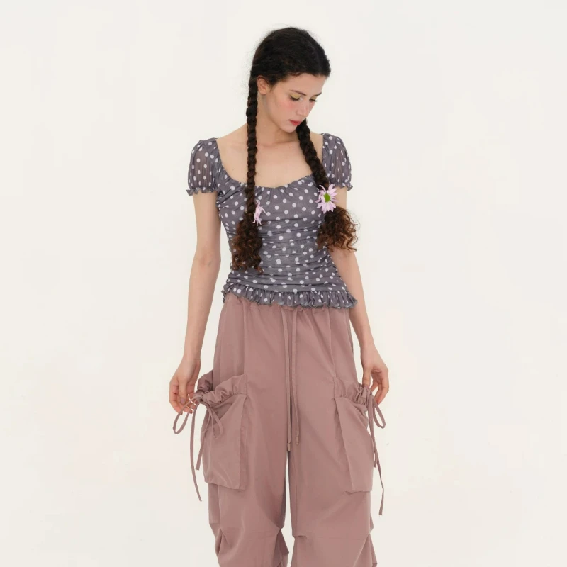 Original Sweet Cool Polka Dot Printed Women's Top 2026 New Elastic Mesh Yarn Wrinkled Round Neck Short-sleeved T-shirt Ladies