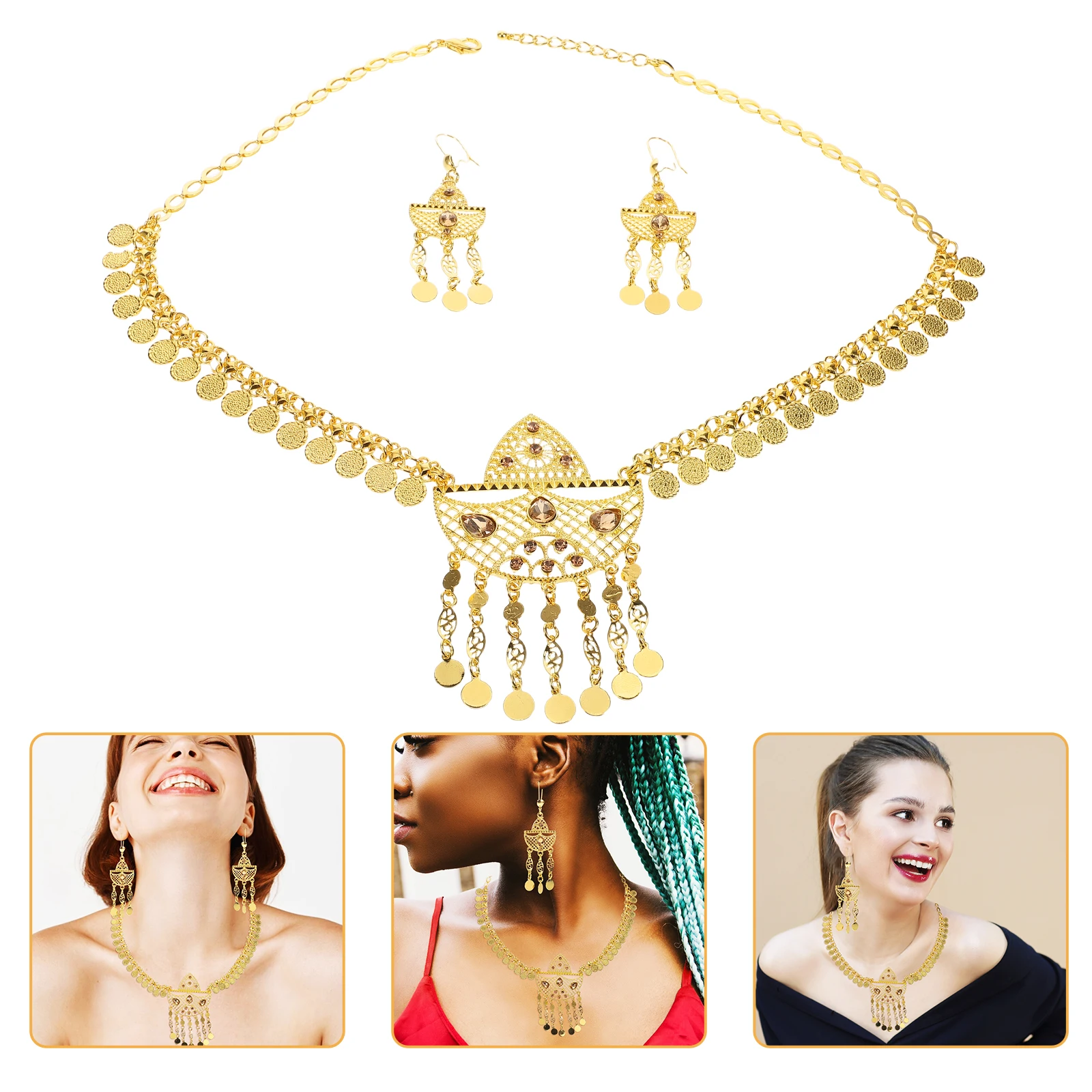 Middle Eastern Jewelry Set Golden Alloy Crystal Necklace Earrings Bridal Party Women Accessories Luxury Fashion