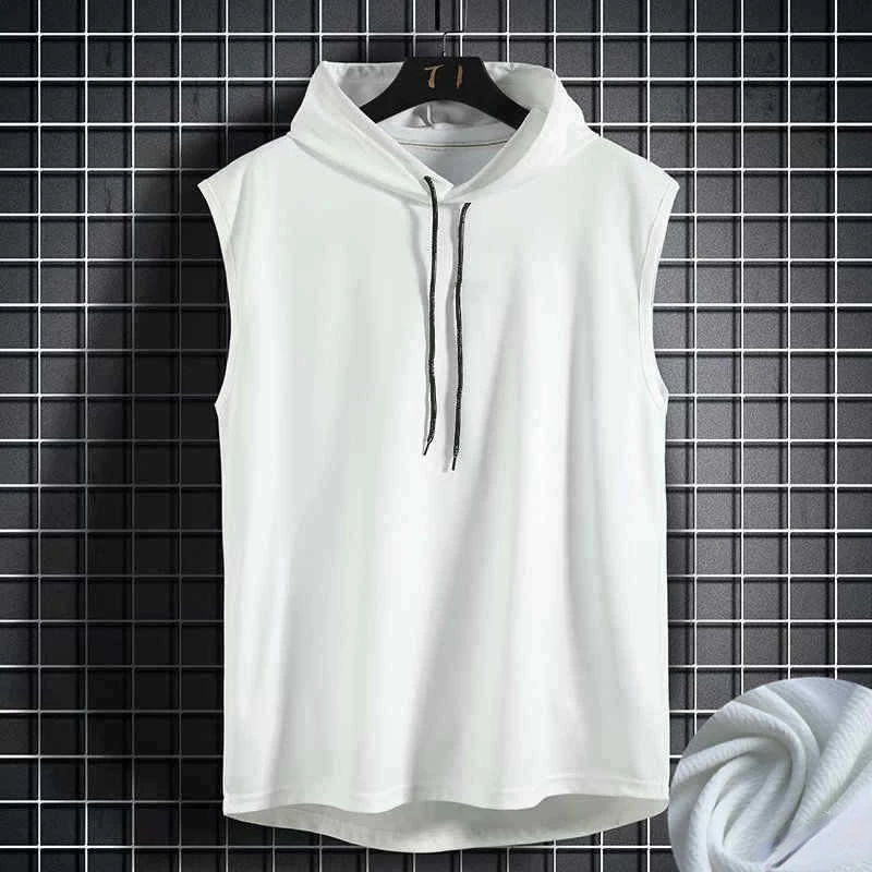 Running Vest Gym Clothing Men Breathable Sleeveless Quick drying vest Sports top Casual Tshirt Hooded hoodie hip-hop Comfortable