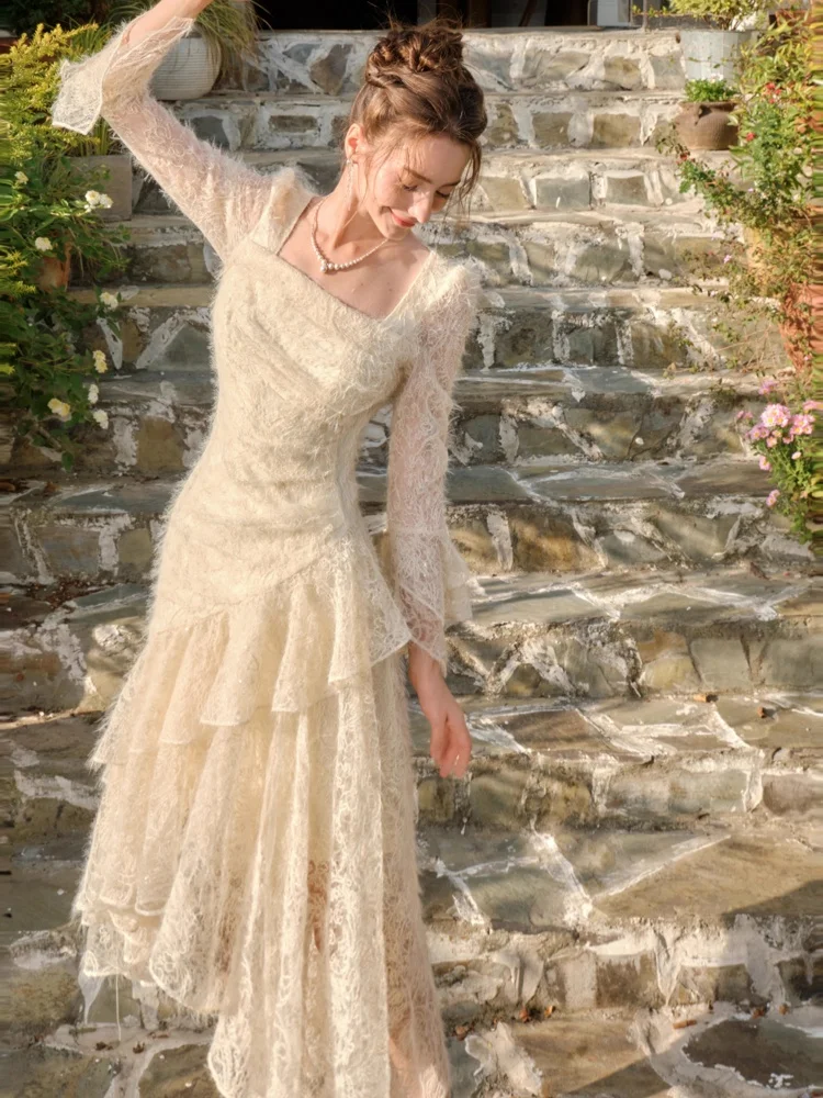Women Vintage Fuzzy Lace Party Dress Autumn Ruffles Long Sleeve Squaer Neck Slim A-line Evening Prom Mujer Wedding Guest Dresses