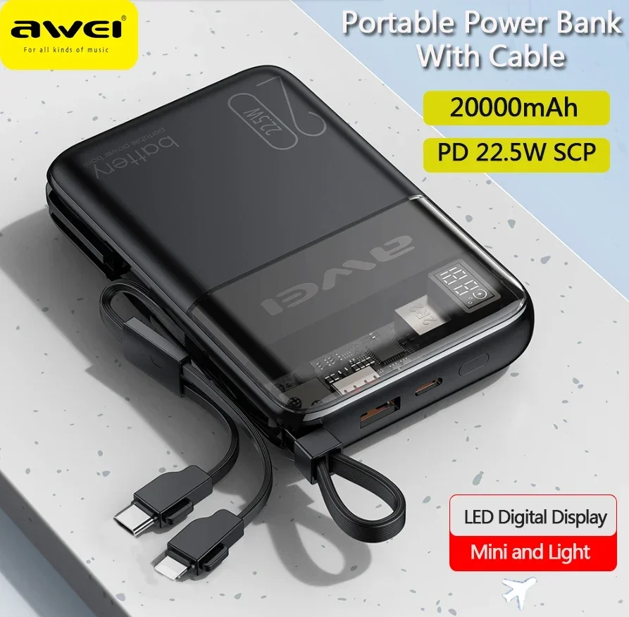 

Awei P181K Portable Power Bank 20000mAh With Cable PD 22.5W Powerbank Fast Charge External Spare Battery For iOS / Android Phone