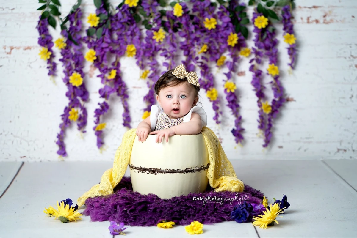 Purple Floral Brick Wall Backdrops Girl Kids Photography Birthday Cake smash Props Party Decors Adult Portrait Garden Background image 2