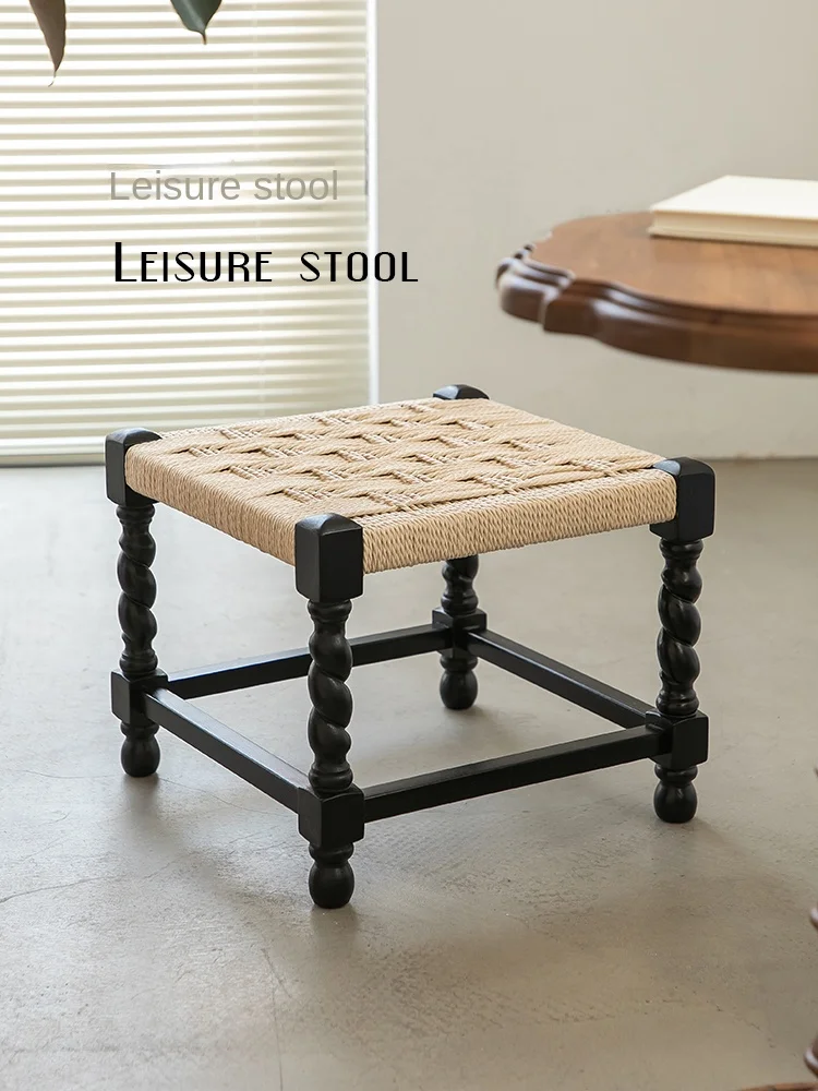 Mid-Ancient Solid Wood Braid Rope Low Stool