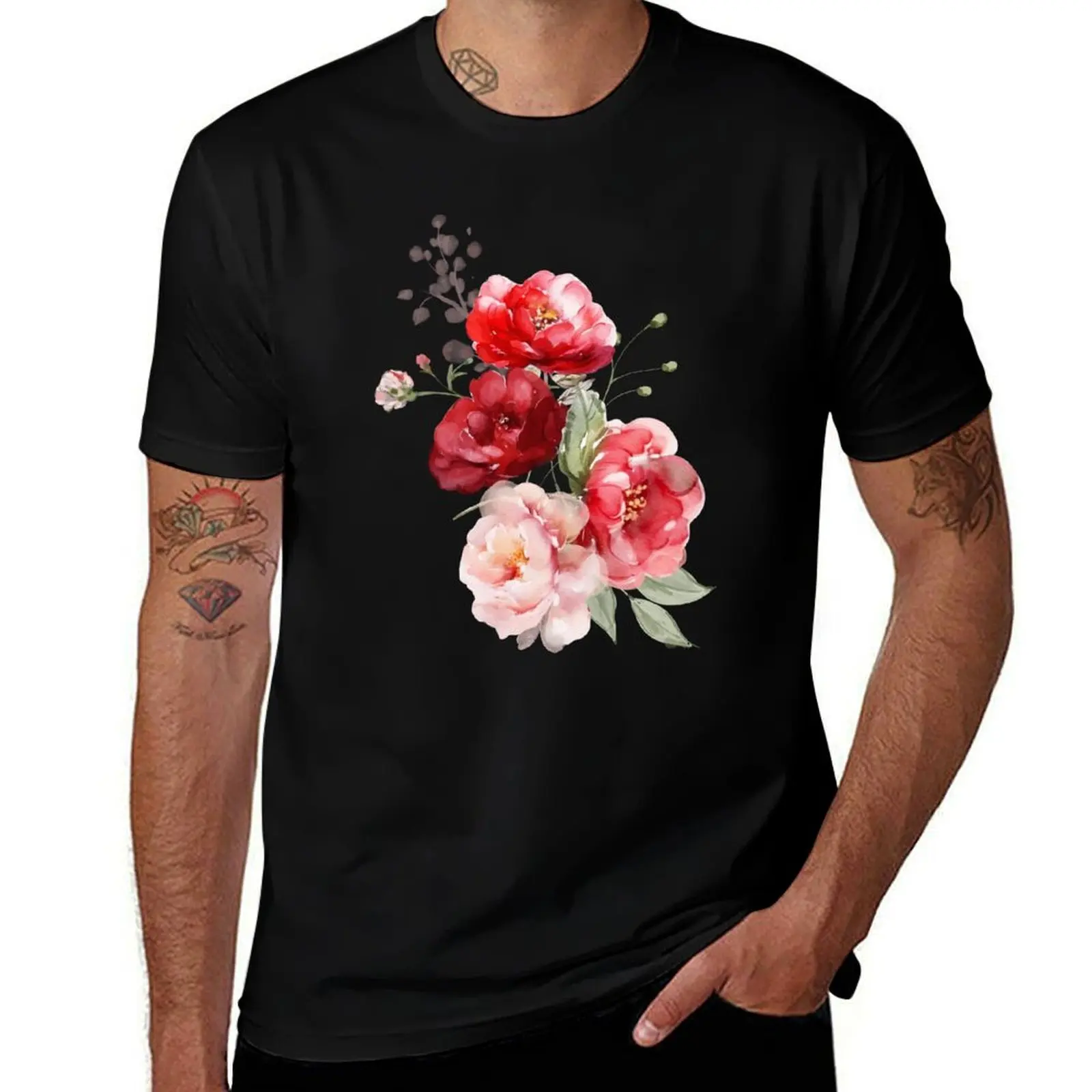 

Wild Roses Red Pink Watercolor T-Shirt football t shirt vintage anime shirt cheap stuff luxury designer T-shirts for men cotton