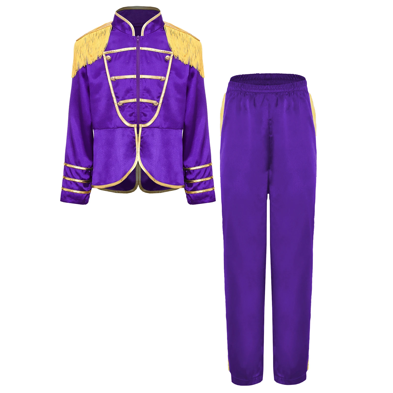 

Unisex Kids Rock Band Drum Major Costume Long Sleeve Fringe Tassel Epaulets Zip-Up Jacket Coat with Honor Guard Uniform Pants