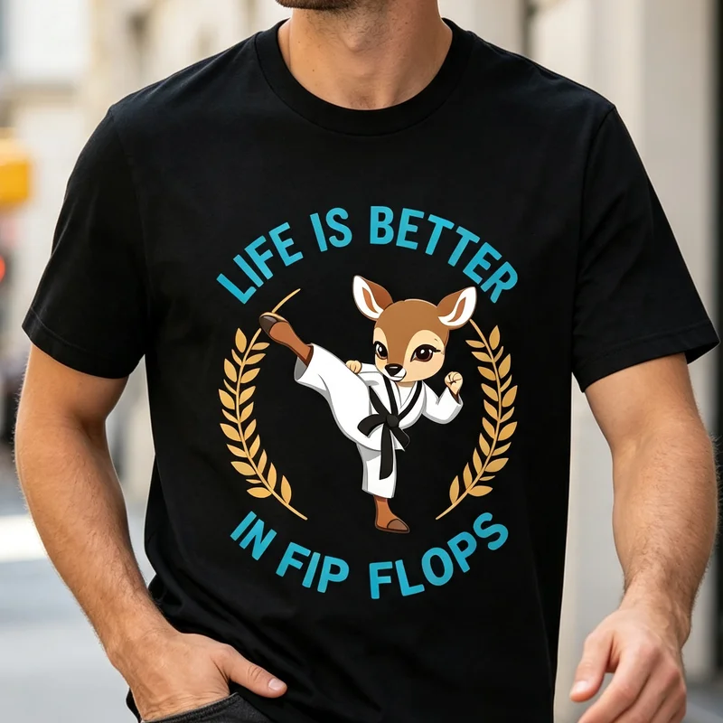 Cute Deer Taekwondo Flip Flops Life Is Better Martial Arts Funny T Shirt Graphic Tee Casual Streetwear for Men Women Fashion