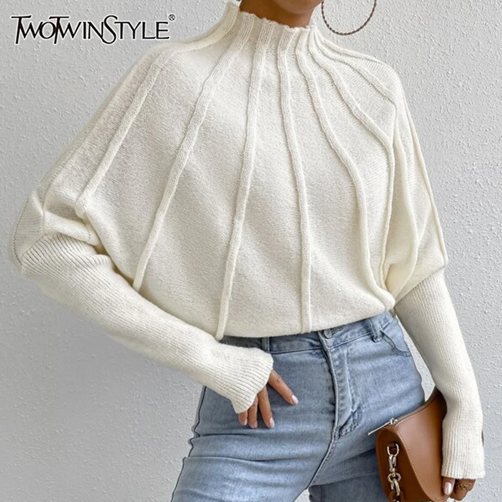 TWOTWINSTYLE Knitting Spliced Folds Sweater For Women Turtleneck Long Sleeve Loose Pullover Loose Solid Sweaters Female Style