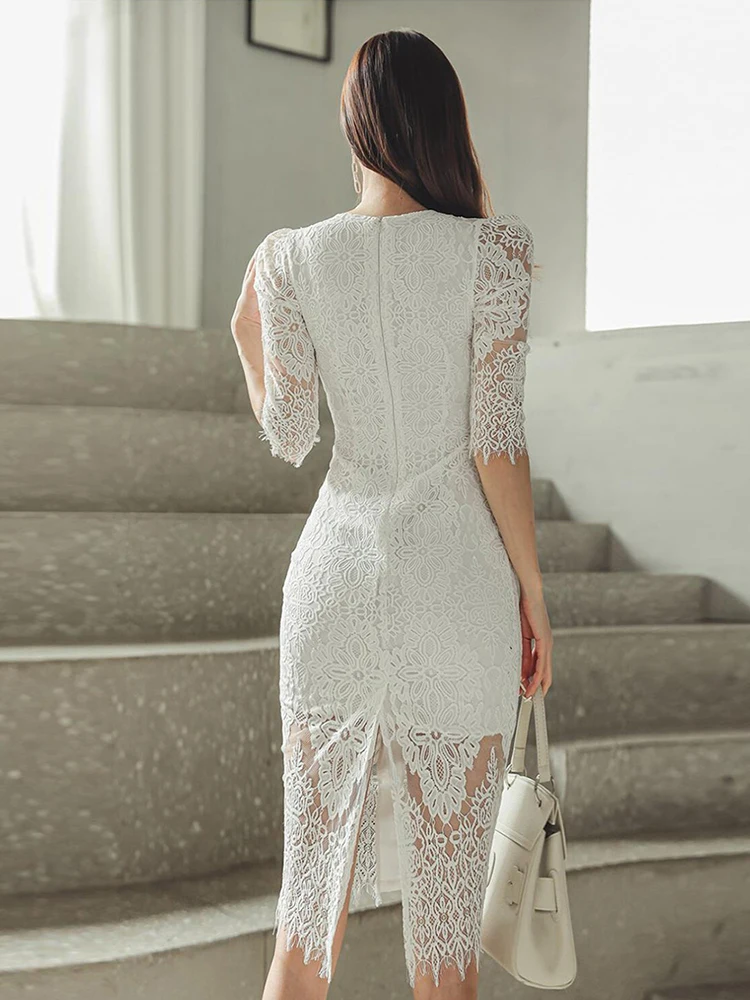 New Vintage Ladies Lace Long Dress Mujer Women Elegant See Through Puff Sleeve Wrap Hip Midi Robe Femme Vestidos Street Clothes