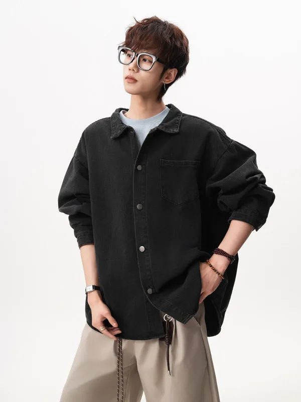 

TANGZ Studio American High Street Men's Casual Washed Denim Shirt Loose Workwear Jacket Long Sleeve Breathable Spring Cotton
