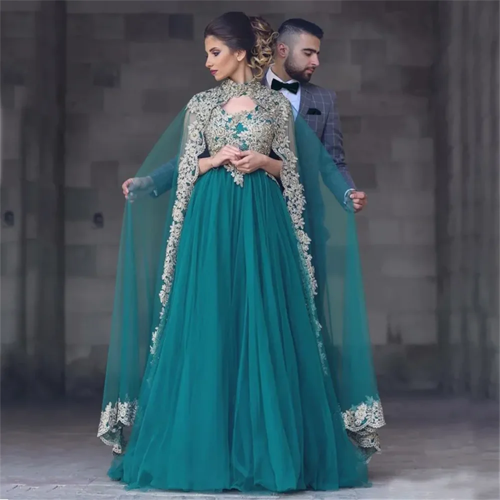 Gaun malam Muslim Arab Formal panjang sederhana applique renda sampanye Teal Tulle gaun pesta Prom dibuat sesuai pesanan