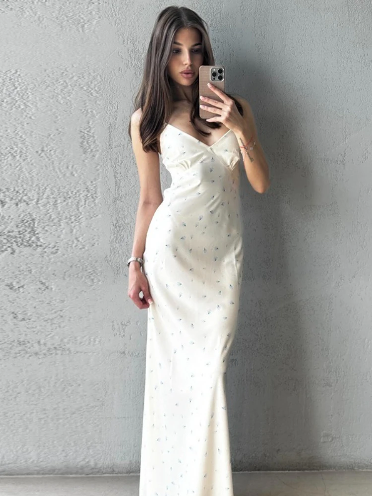 FDYOUI 花柄プリントロングドレス レディース Y2K ストリートウェア 2025 夏 ノースリーブ Vネック ハイウエスト スリット入り バケーション パーティー ドレス