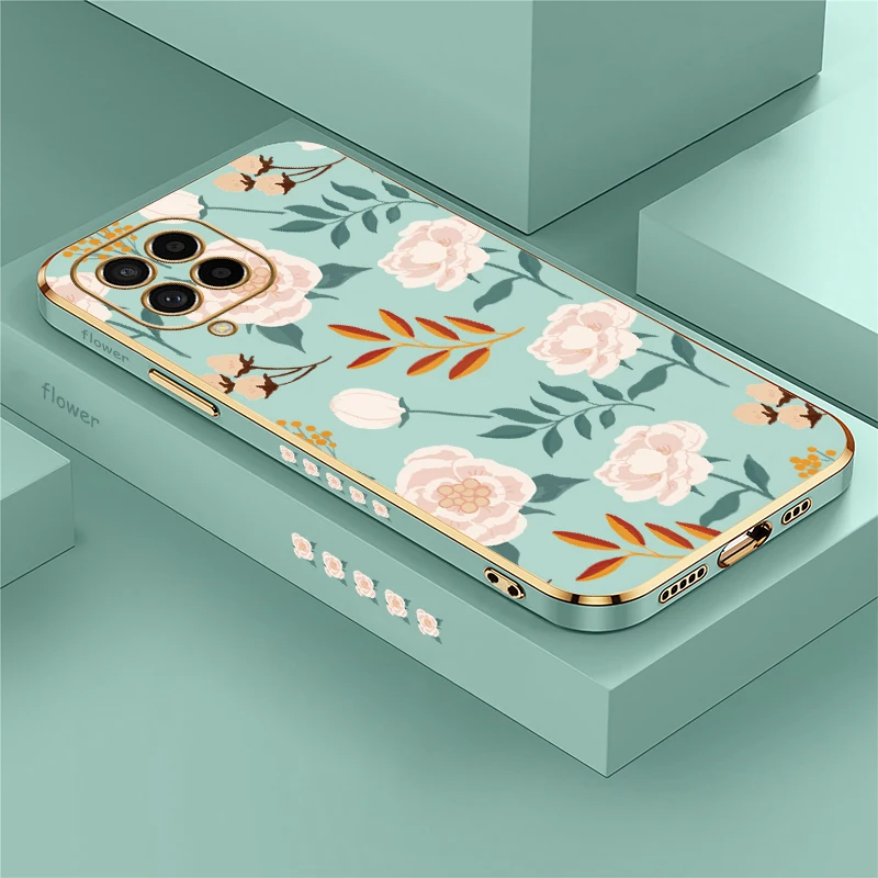 Phone Case For Samsung Galaxy M42 M30S M13 M62 M32 M22 M12 M54 M53 M33 M51 M31 M02 Cute Flower Print Shockproof Plating Cover