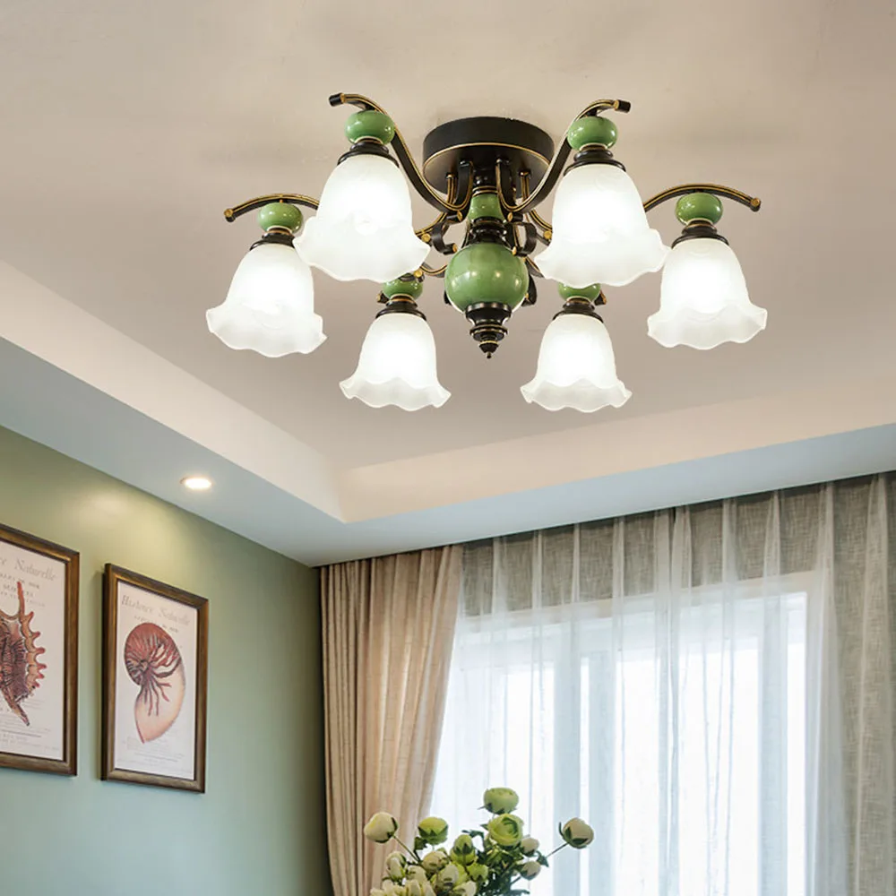 American Retro Ceiling Chandelier 3/6/8 Heads Green Ceramic Decor Frosted Glass Shade Vintage Pendant Light for Living Room