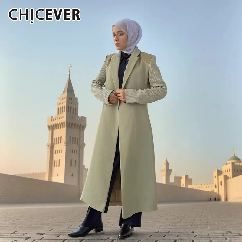 

CHICEVER Patchwork Double Breasted Trench For Women Notched Collar Long Sleeve High Waist Split Designer Windbreaker Female New