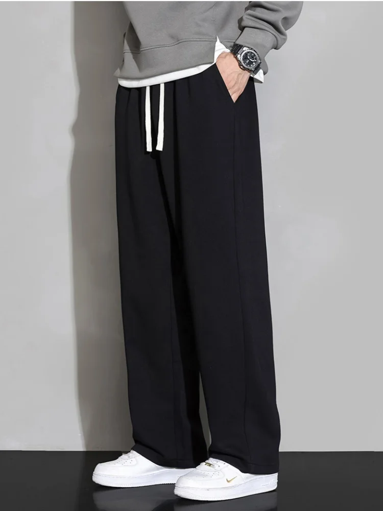 

Autumn/Winter Wide-Leg Trousers for Men Fleece-Lined Straight-Leg Loose-Fit Sports Casual Long Trousers Black Sweatpants