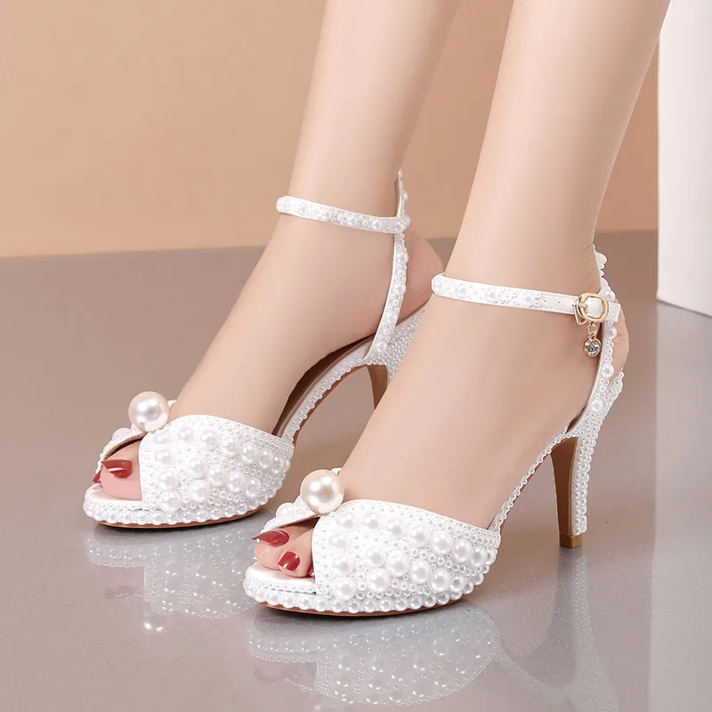 

Новые летние женские сексуальные босоножки 2026 года с открытым носком, на тонком высоком каблуке, с декором из страз и жемчуга, для вечеринок, выпускных и свадеб