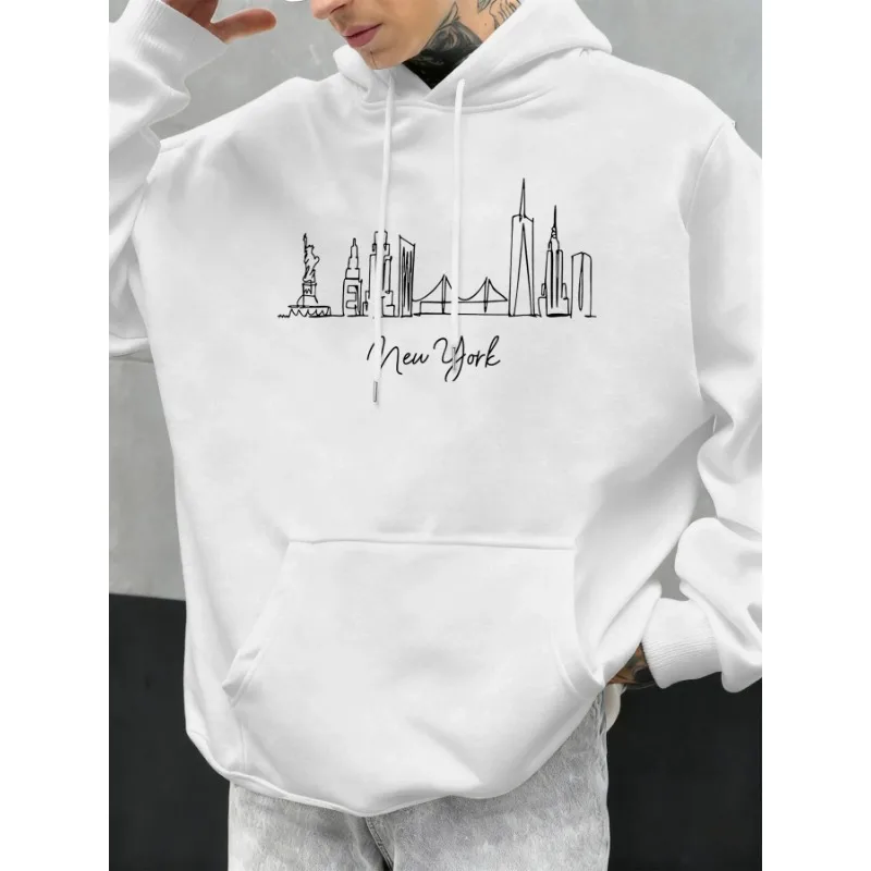 

New York City Line Print Autumn Hoodies Man Fleece Comfortable Hoody Casual Hip Hop Streetwear Vintage Personality Pullovers