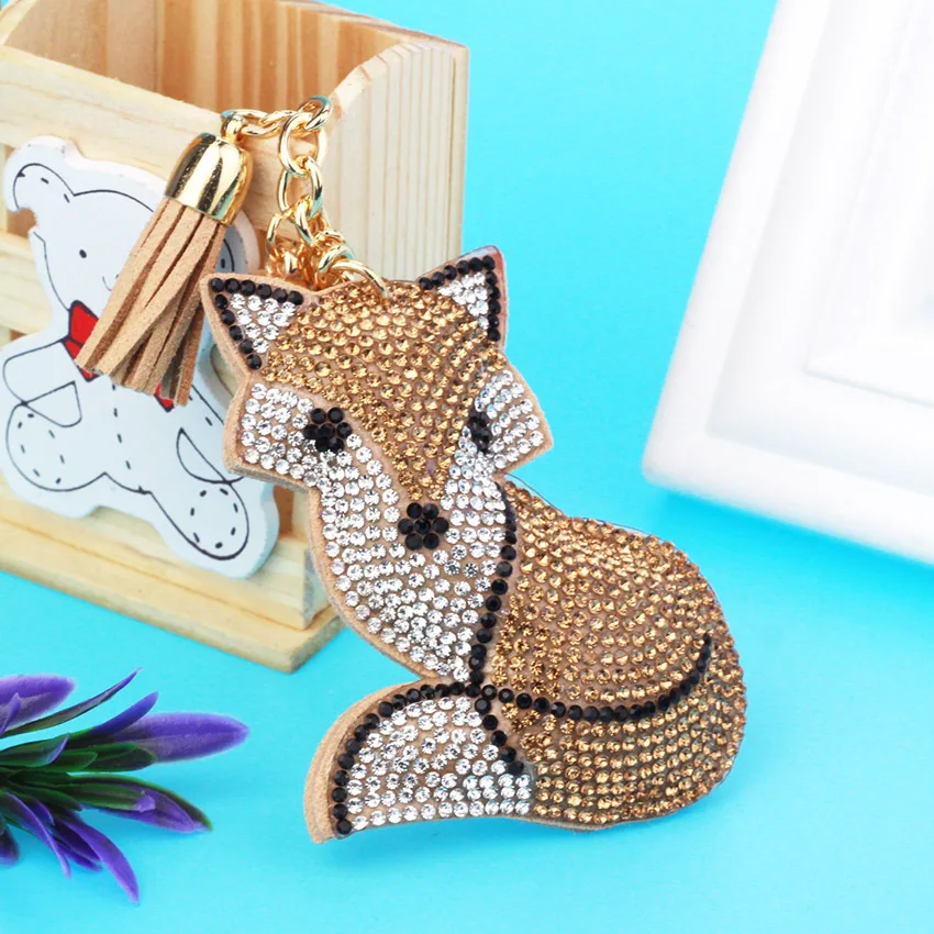 Cartoon Animal Red Fox Keychain Pendant Crystal Keychain With Metal Keyring Jewellery Key Accessories Wholesale Price