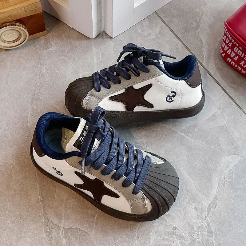 Kids Retro Star Patchwork Shell‑Toe Sneakers, Lace‑Up Anti‑Collision Casual Board Shoes for Boys Girls