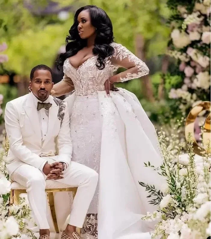 Customized Plus Size Illusion Mermaid Wedding Dress With Detachable Train V Neck Applique Crystal Full Sleeve Saudi Arabic Brida