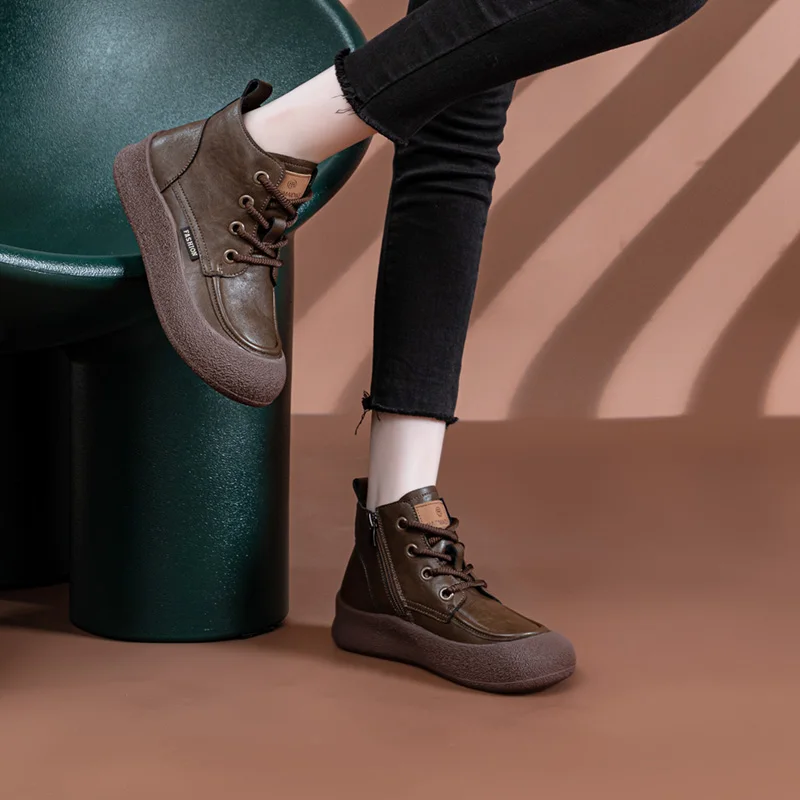 AIYUQI Boots Women Vintage 2026 New Autumn Flat Women\'s Ankle Boots Fashion Plus Size Round Toe Lace-Up Booties Ladies